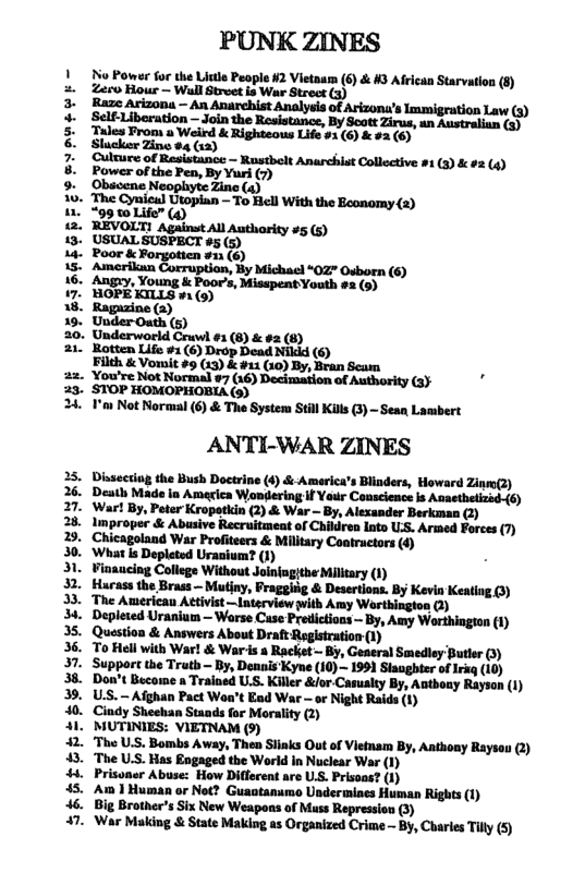 eENpREEE -  SREEEEEESESKRFEREERERRE  PUNK ZINES  No Power for the Litle People #2 Vietaam (6) & 43 African Starvation (8) Zero Hour — Wall Street is War Strect (3)  Raze Arizona - An Anarchist Analysis of Arizonu’s Immigration Law (3) Self-Liberation — Join the Rosistance, By Scots Zirus, an Australian (5) ‘Tales From o Weird & Righteous Life ¥ (6) & #2 (6) Slacker Zine ¢4 (12)  Culture of Resistance ~ Rustbelt Anarchist Colloctive #1 (3) & #2 (4) Power of the Pen, By Yuri (7)  Obacene Neophyte Zine  . The Cynieu Uhopian - To el Withthe Economy (2)  99 0 Life” (4)  REVOLT! Against All Authority #5 (5) ’USUAL SUSPECT #5 (5)  Poor & Forgotien #1: (6) Rimceikun Corruption, By Michast 02 Odborn (6)  . Angry, Young & Poor’s, MisspentYouth #2 (3) . HOPEIXILLS 1 (3) >  . Ragazine (2)  UnderOuth (5)  . Underworld Cruwl 1 (8) & #2 (8)  Rotten Life #1(6) Drop Dead Nildd (6) Filkth & Vomit #9 (13) & #11 (10) By, Bran Seam  s1op V’ Not Normal (6) & The System Still Kills (3) ~ Sean Lambert  ANTI-WAR ZINES  Dissecting the Bush Doctrine (4) & America’s Blinders, Howard Zinro@)  Death Made in America Wongering if Your Conscience is Ansethetizad-{6)  War! By, Peter Kropotkin (2) & War — By, Alexander Berkman (2) m_AAmnnu-n.nuaummuM—nu_m  Chicagoland War Profiteers & Military Coatructors (4)  ‘What is Dopleted Uranium (1)  Vinaucing College Without. Joiniugithe Military (1)  Harass the Brass — Mutjay, Pragghig & Desertlons. By Kevin Keiog )  ‘The American Attivist —lnterview with Amy Worthington (2)  Depleted Uranium — Warse Cuse Presictions ~ By, Amy Worthington (1)  Question & Answers About | Draft Registration (1)  To Hell with War! & Waris a Racket By, Geseral Smedley Butler ()  Support the Tratb - By, Dennis Kyne (10)~ 1991 ‘Slaughier of Iriq (10)  Don’t Become a Trained U.S. Killer &/or Casuslty By, Antbony Rayson (1)  U.S. - Afghan Pact Waa’t Ead War - or Night Raids (1)  Cindy Sheelan Staads for Morality 2)  MUTINIES: VIETNAM (9)  The U.S. Bombs Away, Then Slinks Out of Vietnam By, Aathony Rayson (2)  “The U.S. Has Engaged the World in Nuclear War (1)  Prisoner Abuse: How Diferent are U.S. Prisons? (1)  Am | Human or Not? Guaotanumo Undermines Human Rights (1)  Big Brother’s Six New Weapoas of Muss Repression (3)  - You’re Not Normal #7 (16) Decimation of Authority (3} ’ ’HOMOPHOBIA (9)  - War Making & State Making as Organized Crime - By, Charies Tily (5) 